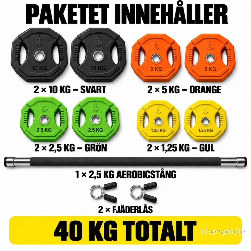 Aerobic skivstångsset 40 kg med färged och svarta viktskivor - Bild 2
