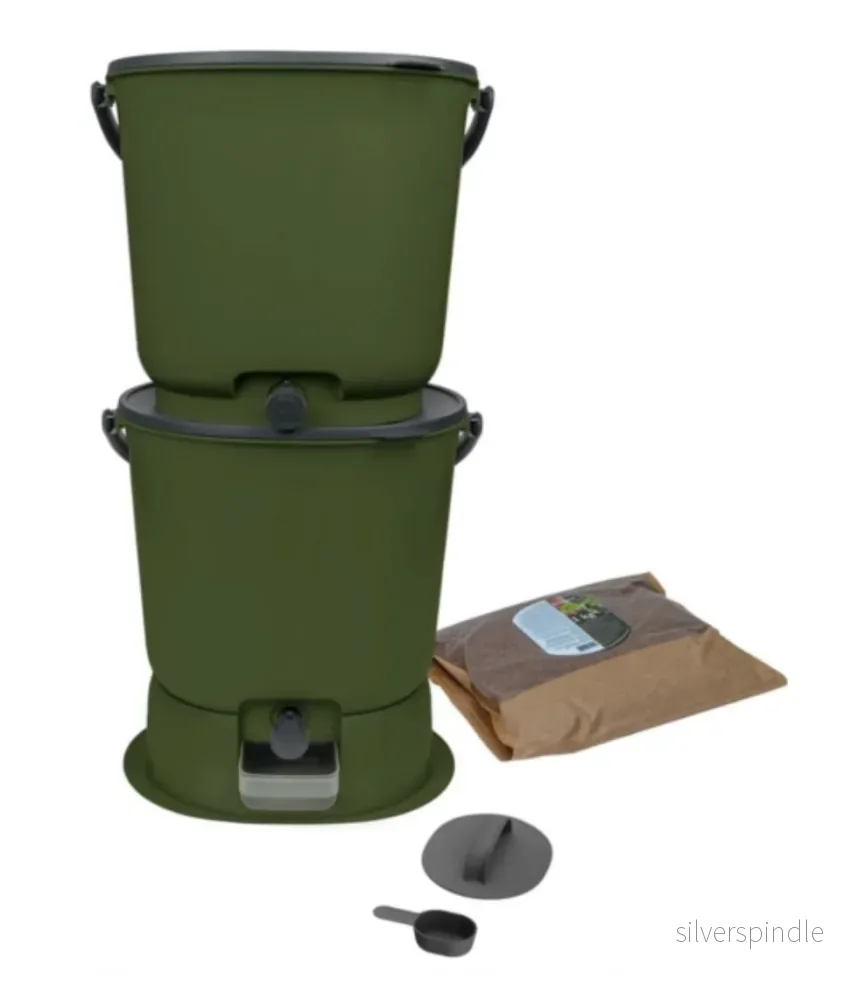 Bokashi Keittiökompostori Essential, tuplasetti, 15 litraa+ 1 kg rouhe, vihreä