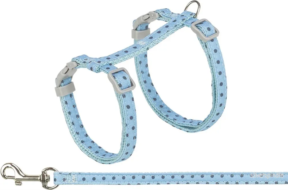 Kattsele med koppel, prickig, 28-45 cm/10 mm, 1,20 m, blå