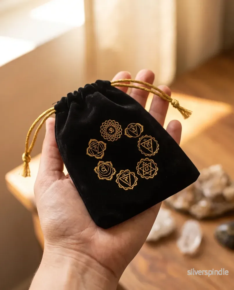 Sammetspåse med 7 chakrasymboler Sammetspåse med 7 chakrasymboler