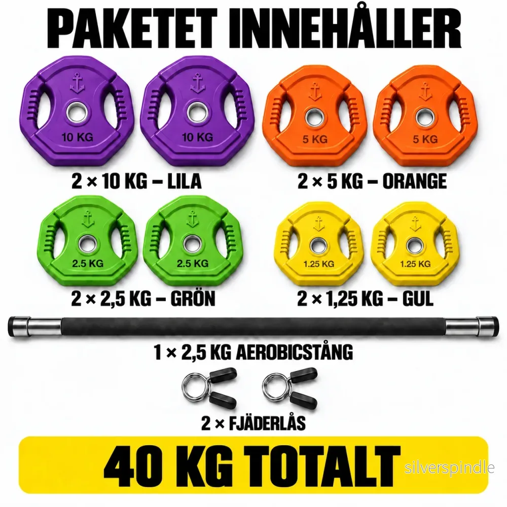 Aerobic skivstångsset 40 kg med färgad och lila viktskivor - Bild 2