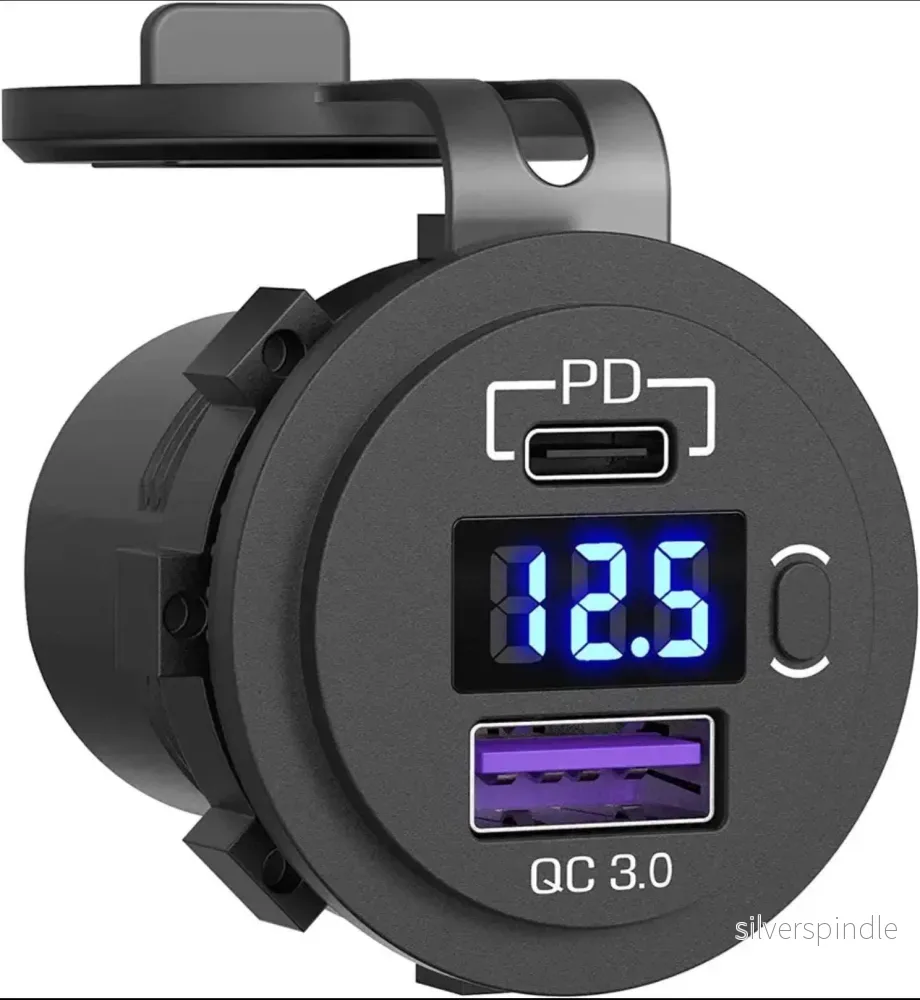 18W 12V/24V snabbladdare Dubbel USB / C uttag PD3.0 & QC3.0 LED-voltmätare, på/av-brytare 18W 12V/24V snabbladdare Dubbel USB / C uttag PD3.0 & QC3.0 LED-voltmätare, på/av-brytare